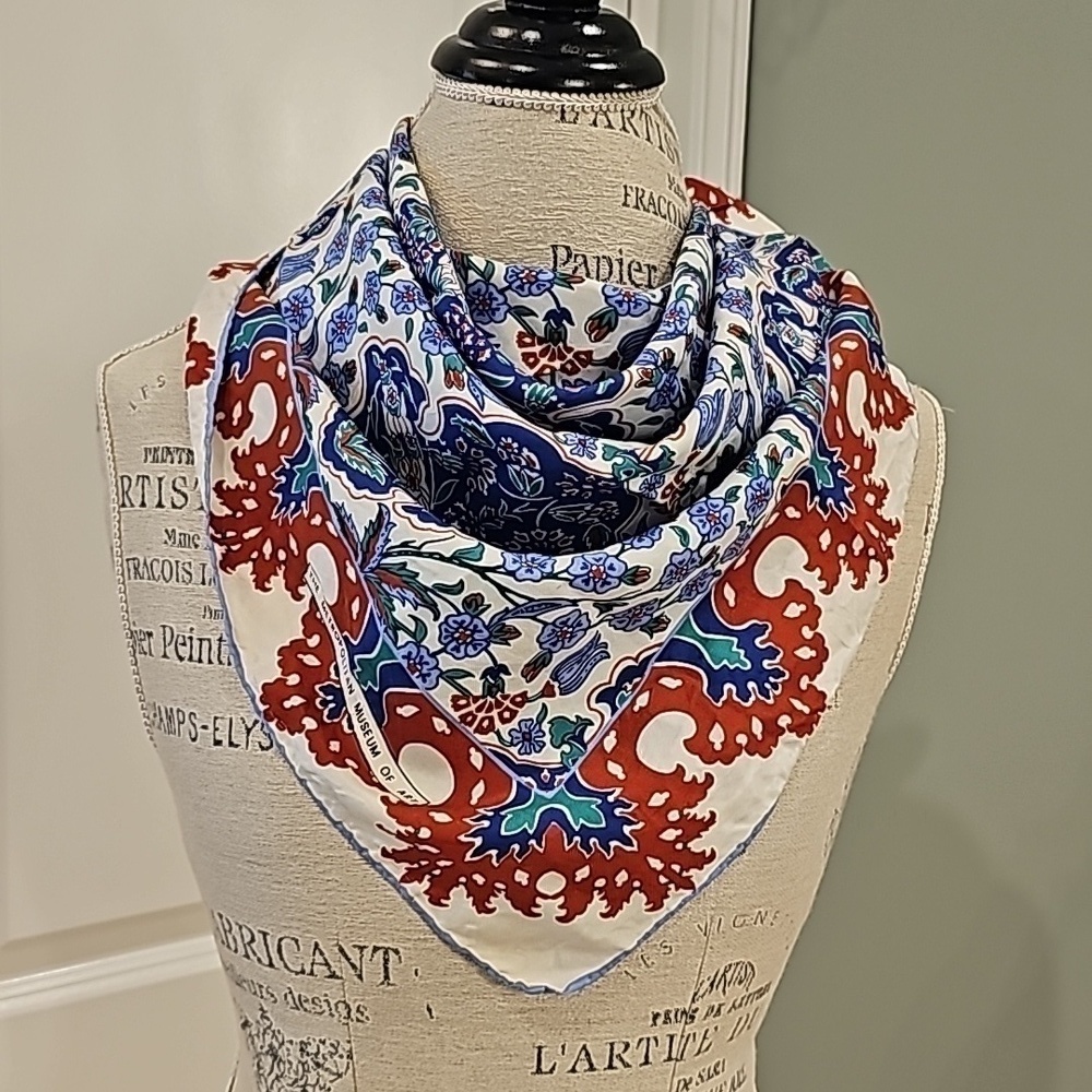 Metropolitan Museum Of Art Blue, White & Brown Vintage Silk Scarf - OS - Picture 2 of 7